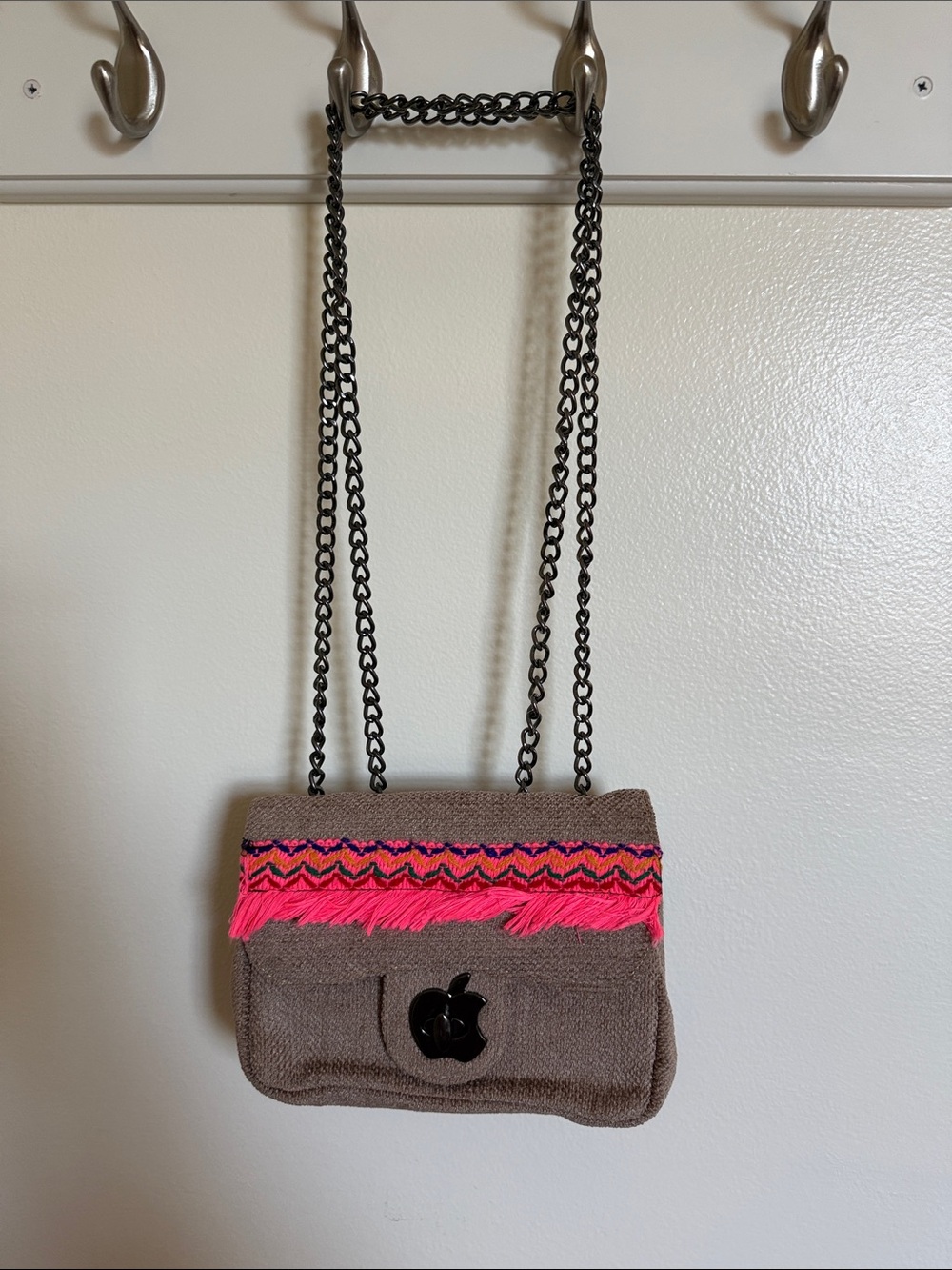 Woven Fringe Crossbody Bag in Brown with Pink Accent